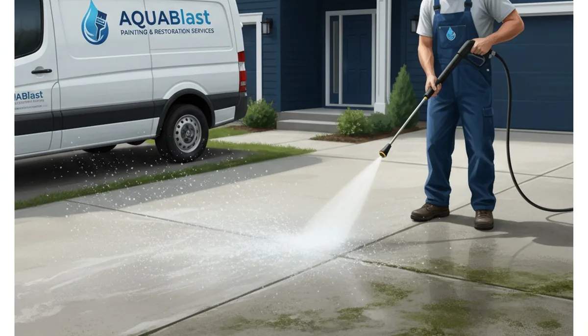 Bradenton, FL pressure washing crew cleaning a concrete driveway for mold and stain removal